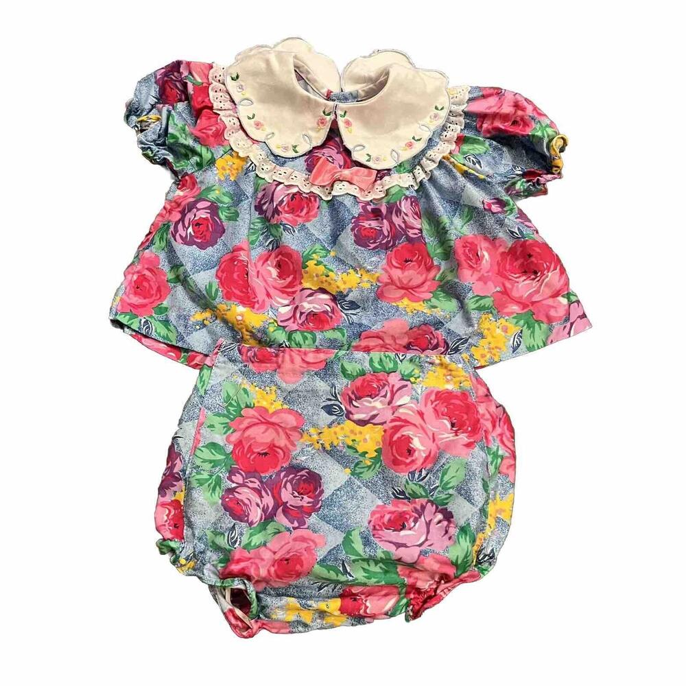 Vtg Colorful Pink Floral Smocked Bubble 2 Piece Set Embroidered Girl Size 6-9 Mo